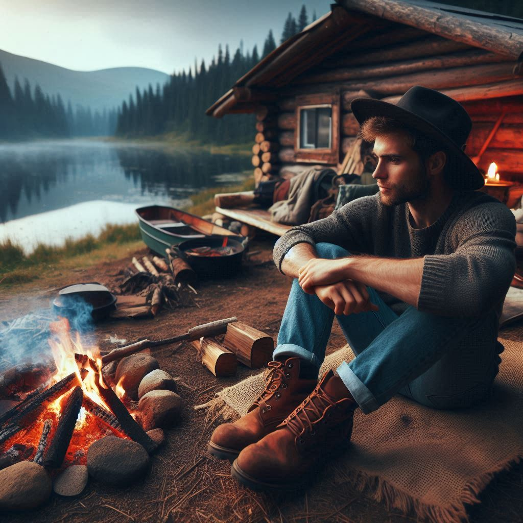 a man sitting by a fire by his cabin in the wilderness with a lake background 