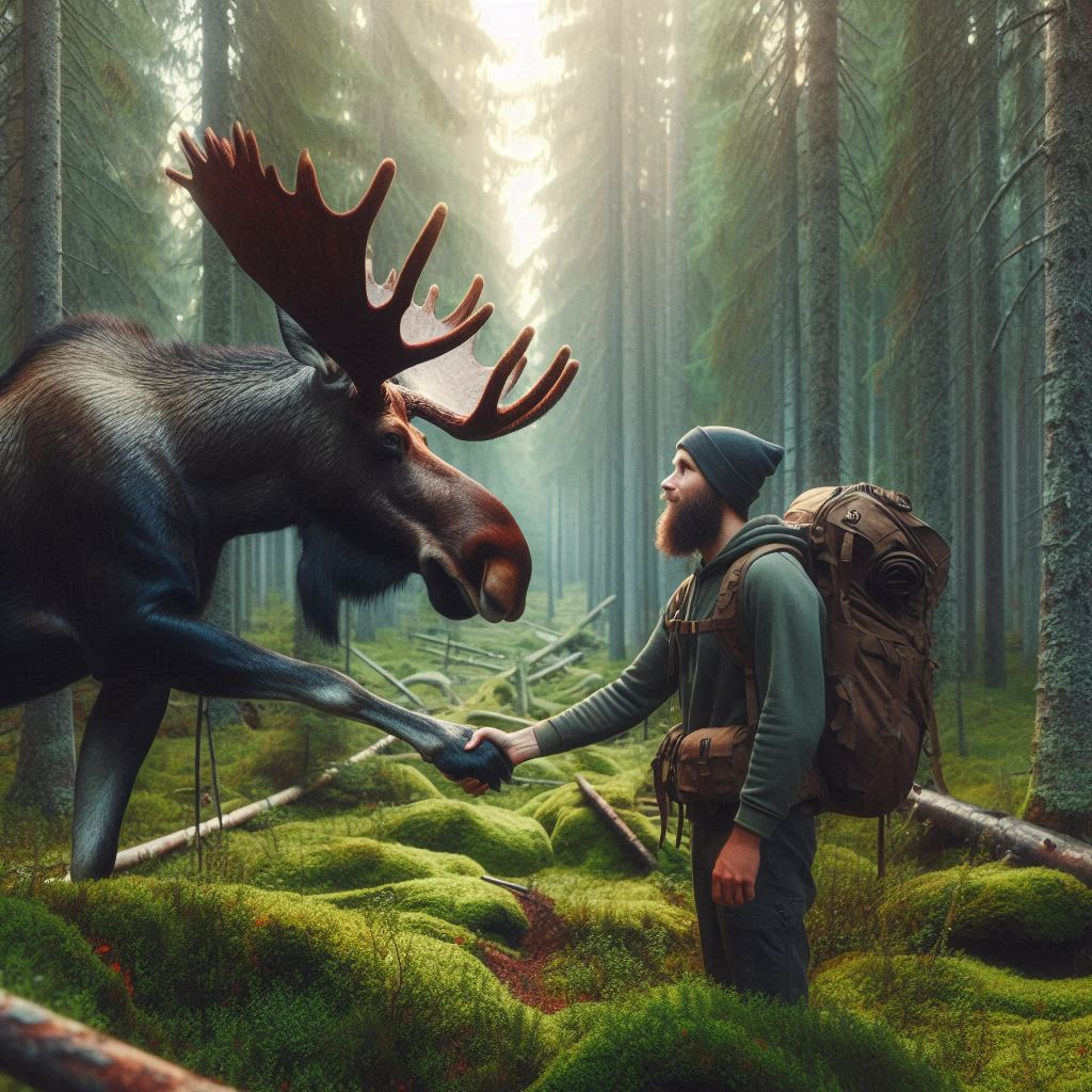 man shaking hands with a moose