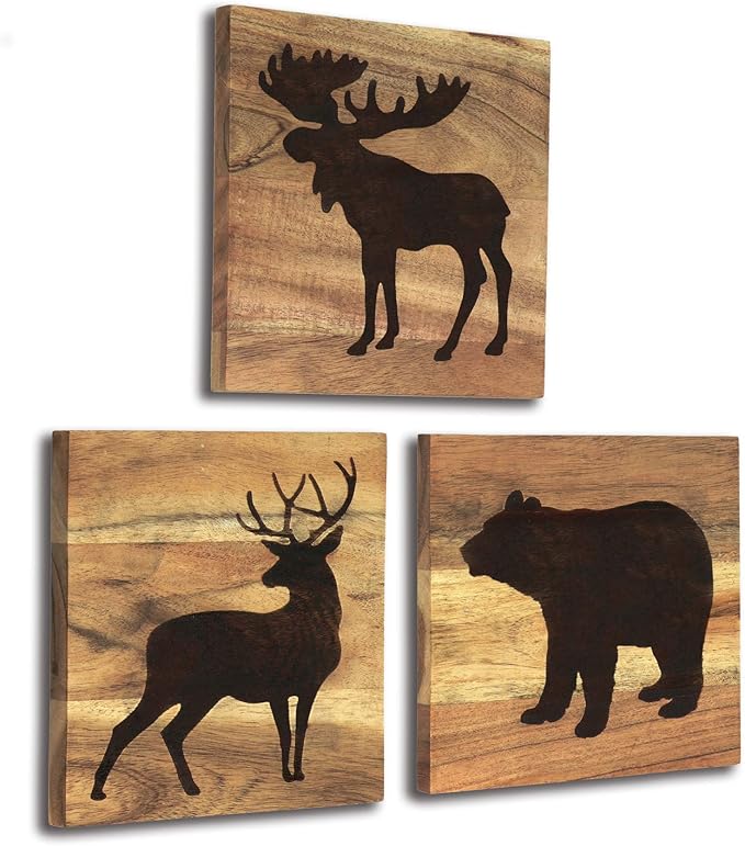 HomeRustique Real Wooden Cabin Decor with Bear, Deer and Moose (Set of 3) 