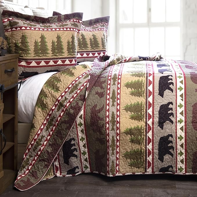 Rustic Cabin Country Bedding Set Microfiber Quilt Rustic Bear Stripe Full Queen