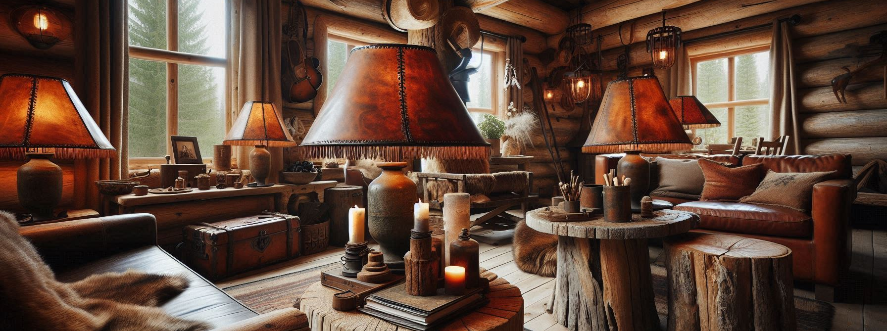 rustic cabin interior with rustic lamps with rustic leather shades