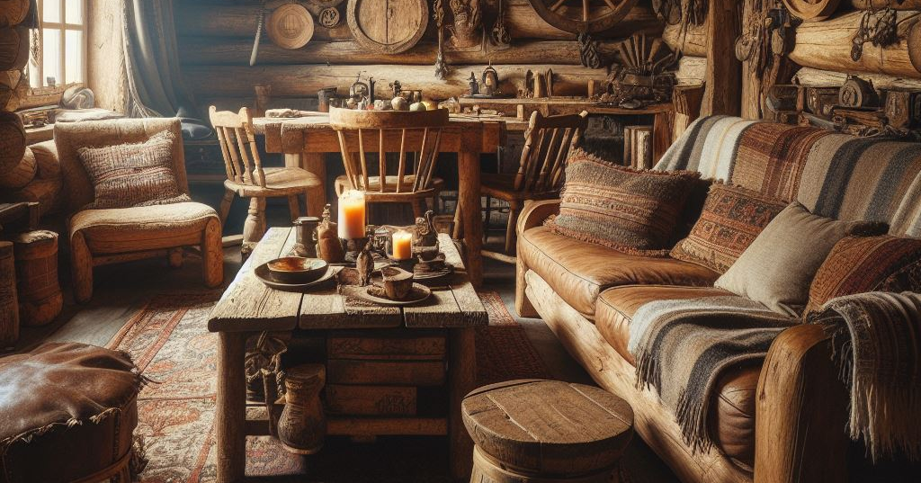 rustic couches and table and chairs in a rustic cabin