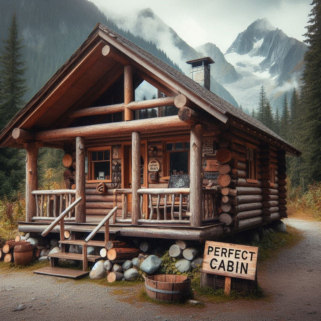 A rustic cabin with a sign outside that reads The Perfect Cabin