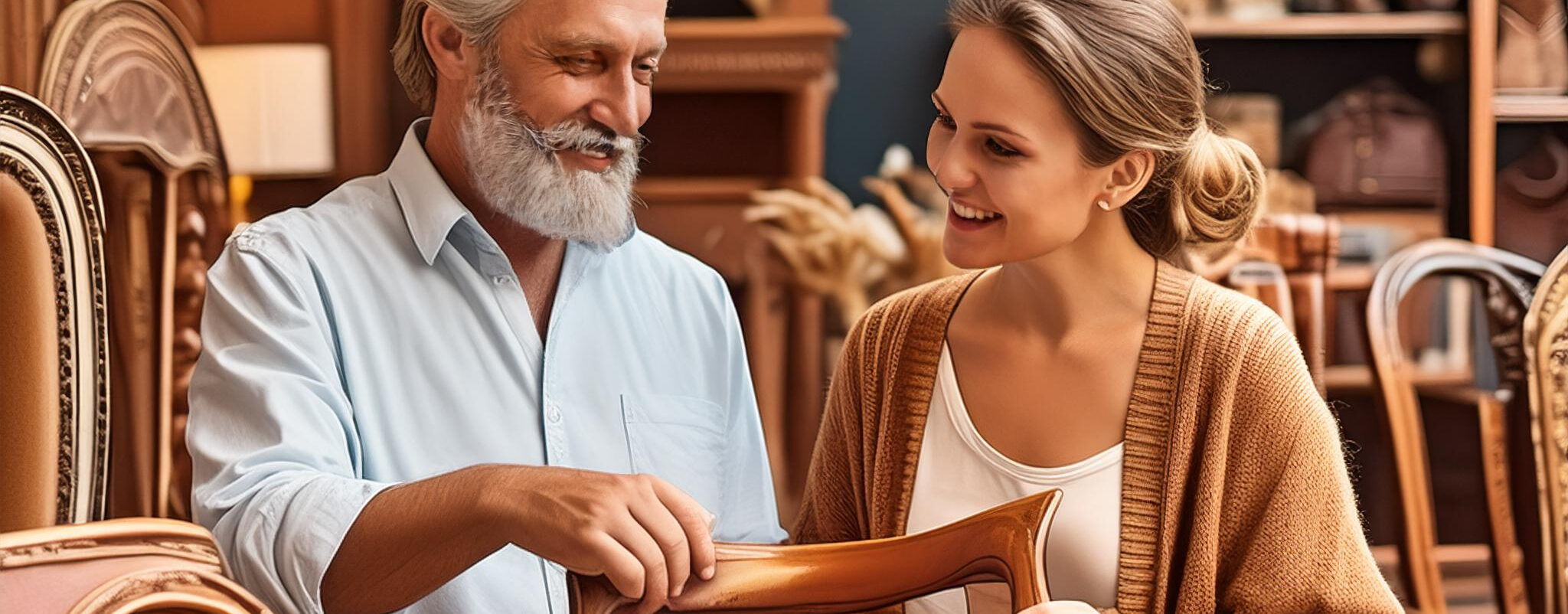 Man and a woman looking at furniture for their cabin in a thrift shop