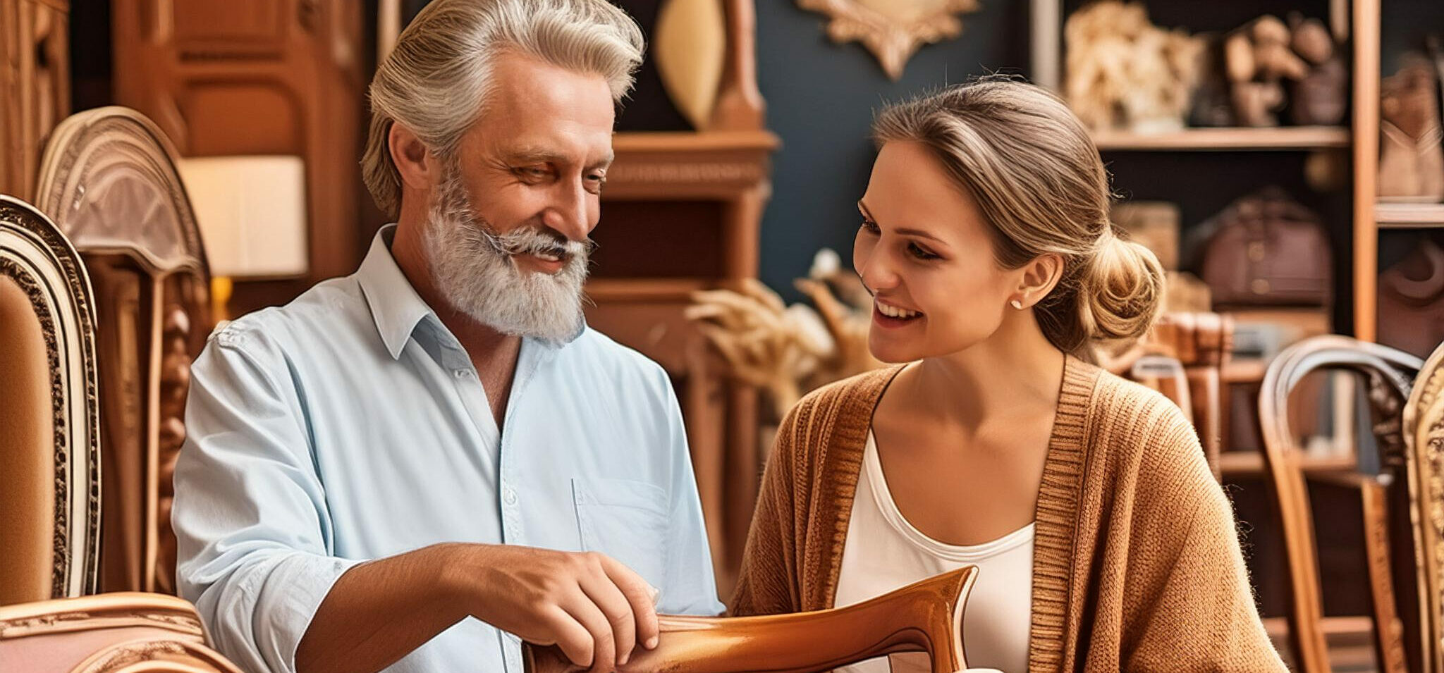 a man and a woman looking at furniture in a thrift store