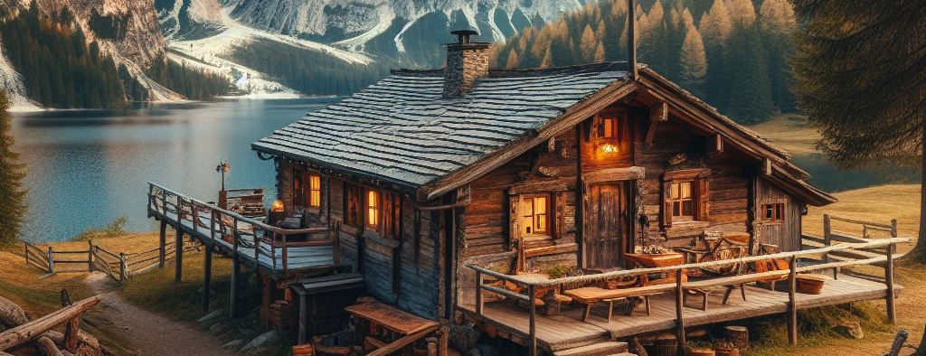 Cabin by an alpine lake