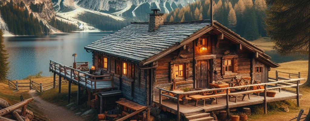 Very rustic cabin in the mountains by an alpine lake