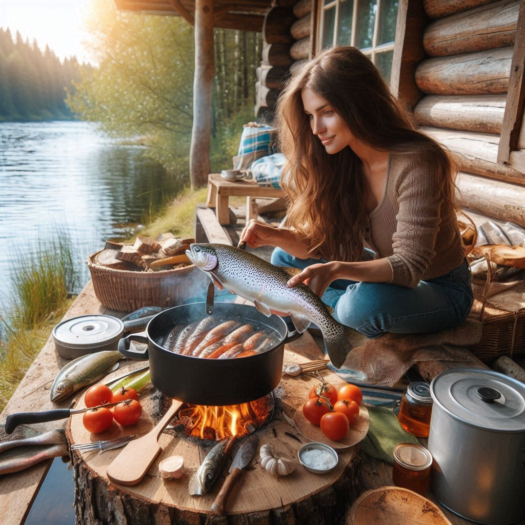 woman cooking a trout over an open first by her cabin next to a lake