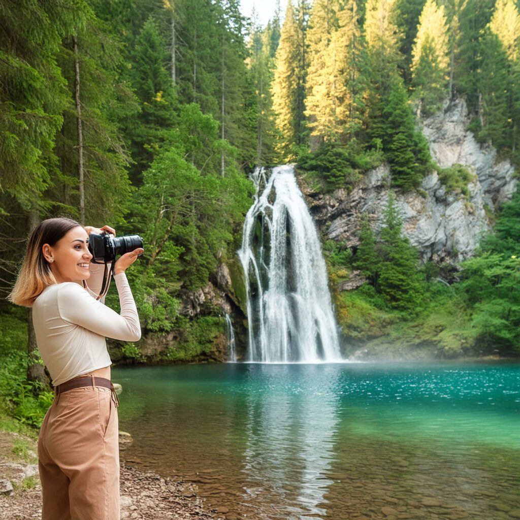 woman deep in the forest taking a picture with a camera of a waterfall by an alpine lake