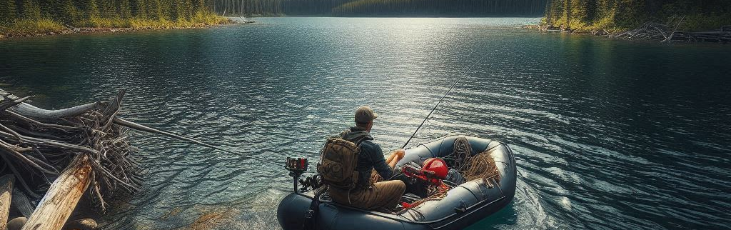 fisherman fishing from a rubber raft on an alpine lake deep in the wilderness