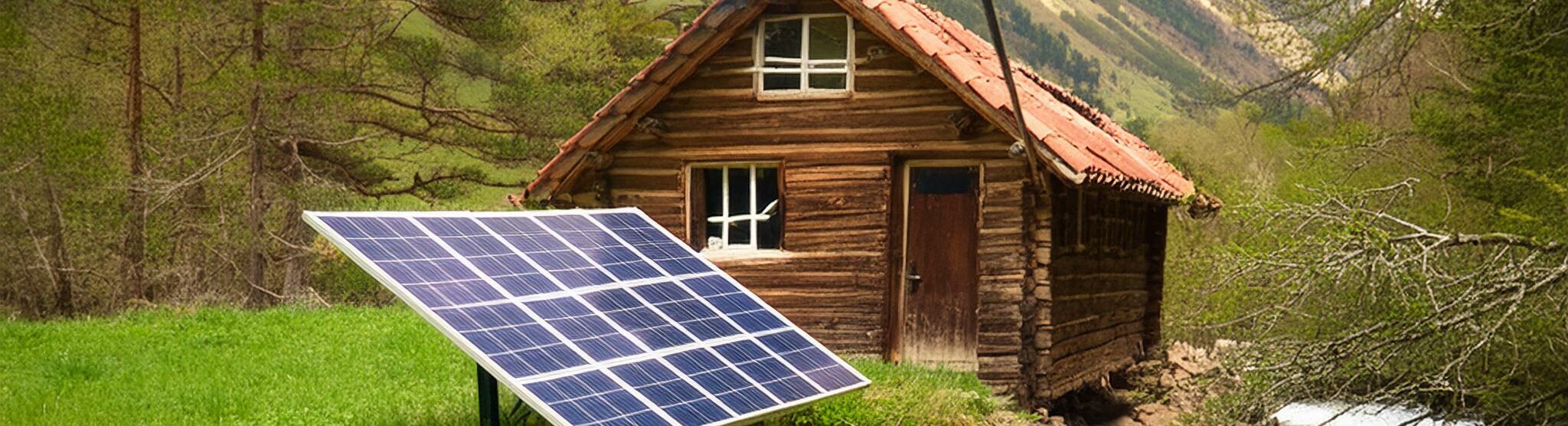 very rustic cabin with solar panels next to the cabin (not on the cabin) by a stream