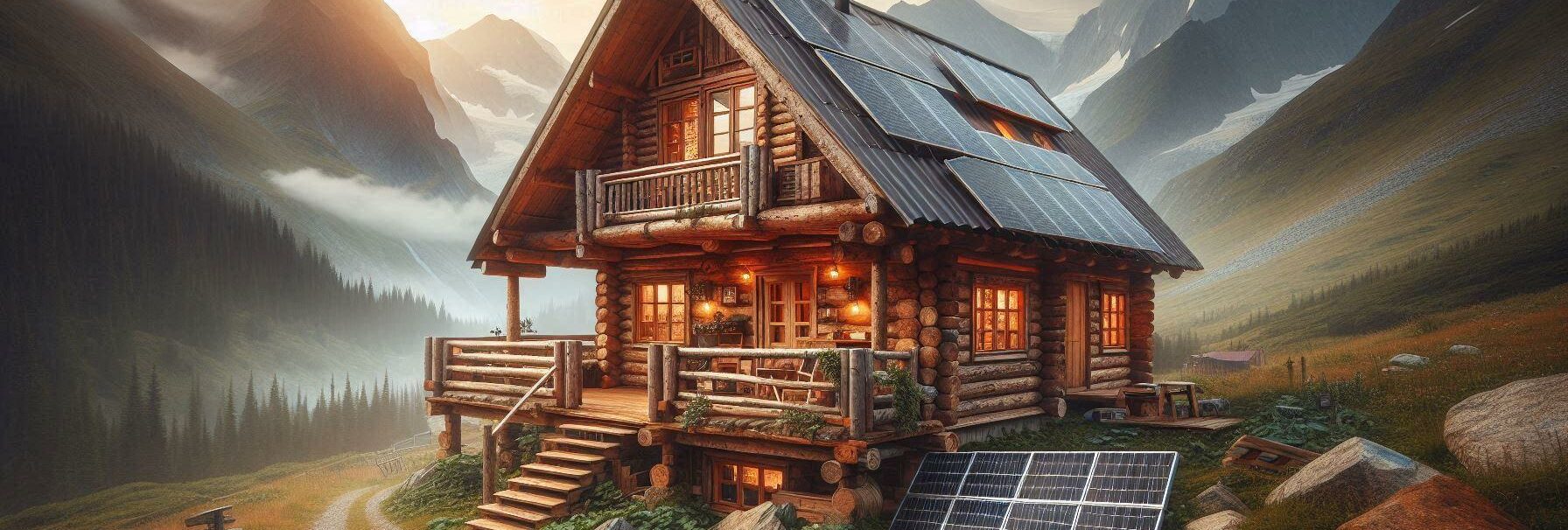 Very Rustic Cabin in the mountains with a set of solar panels next to it