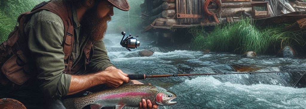 fisherman reeling in a rainbow trout in a river by his rustic cabin