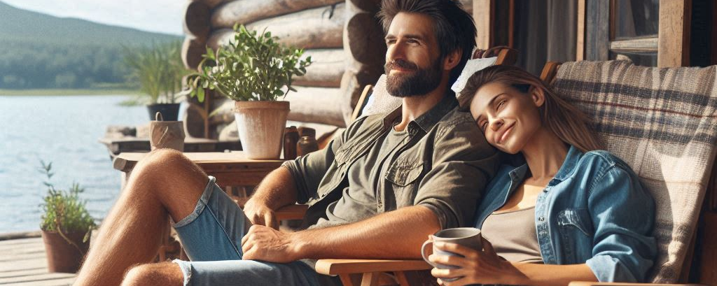 man and a woman relaxing in their chairs by their rustic cabin by a lake