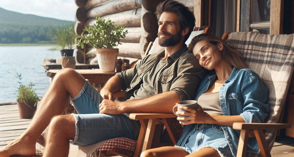 man and a woman relaxing in their chairs by their rustic cabin by a lake