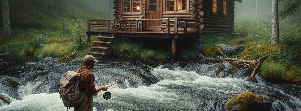 man fly fishing by his cabin