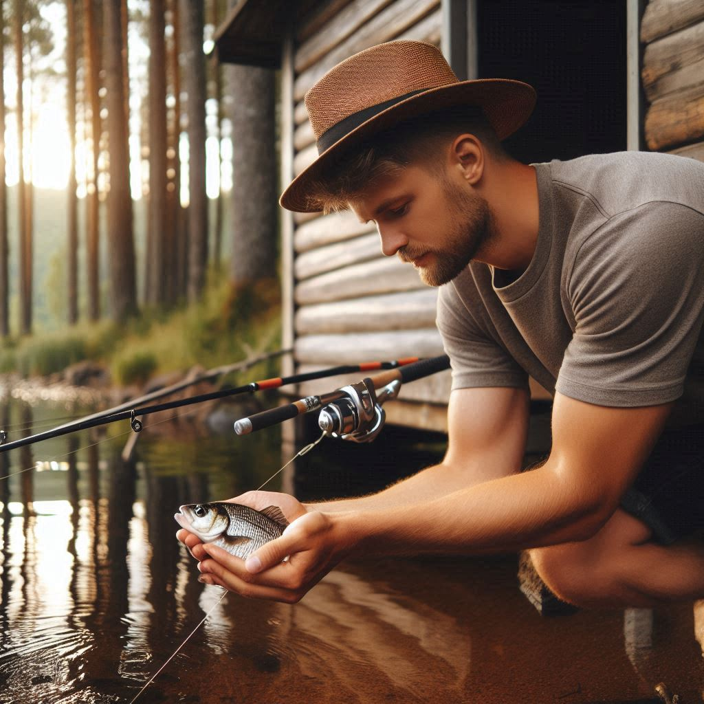 man gently releasing a fish back into the water after catching it with a fishing rod by his cabin