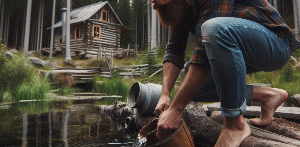 man getting water from a pond in the wilderness by his cabin