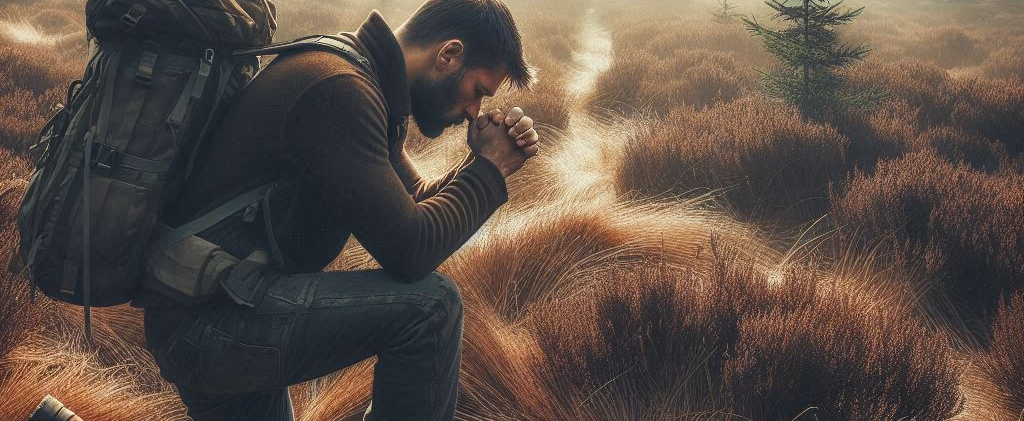 man lost deep in the wilderness on his knees praying for help