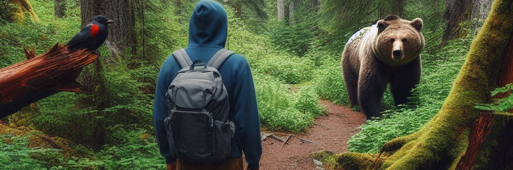 man sees a grizzly bear a few yards down a trail in the forest