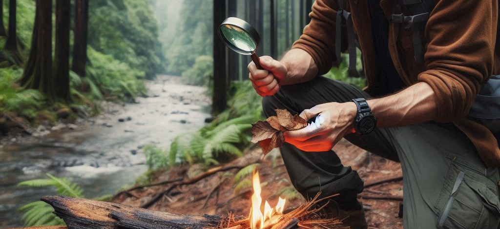 Man trying to build a fire in the wilderness