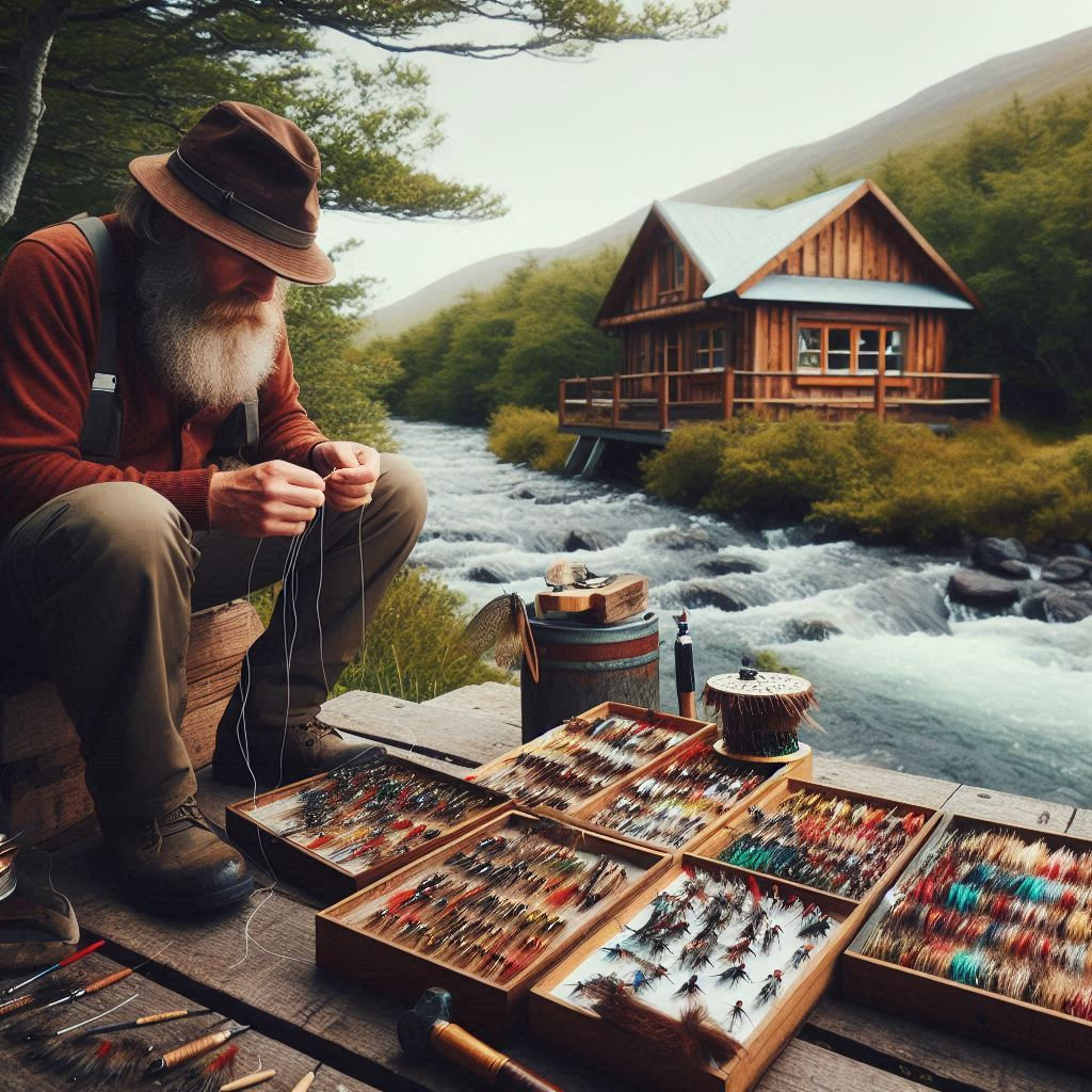 man tying a large group of flies to fishing next to his cabin by a creek