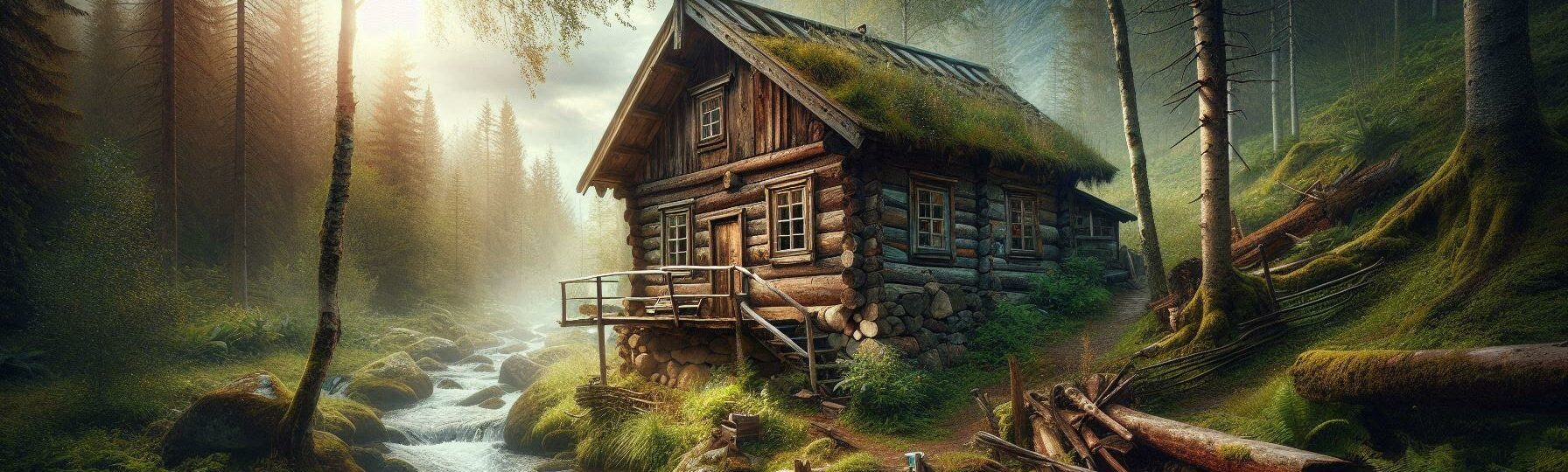 very rustic old cabin by a rushing stream in the wilderness