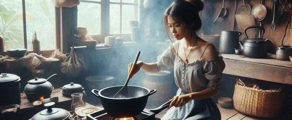 woman cooking with cast iron pans in their very rustic cabin