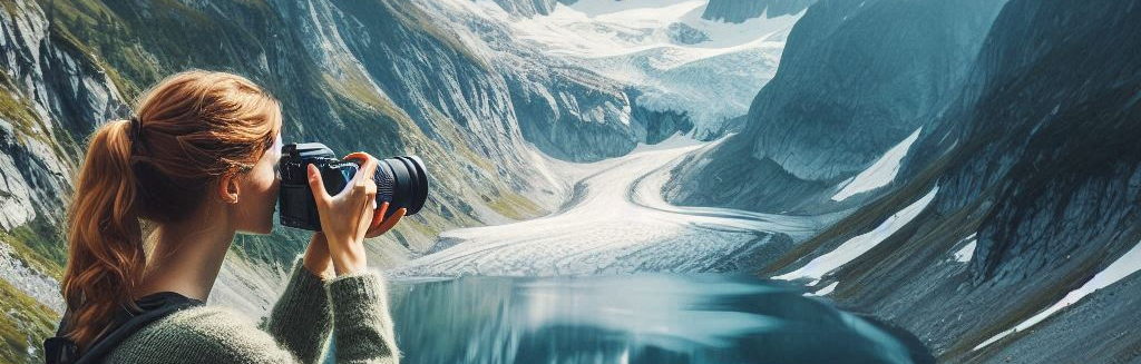 Woman taking a picture of a glacier and an alpine lake