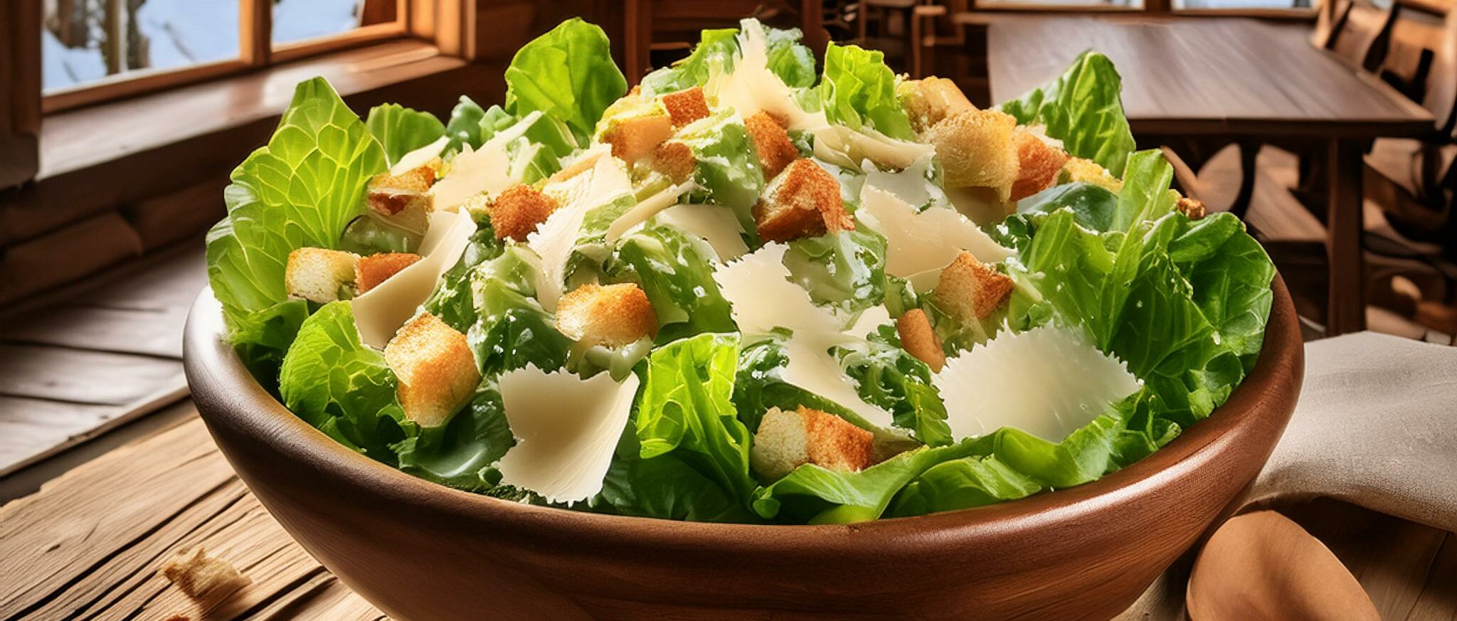 A large bowl of Caesar Salad on a rustic table in a rustic cabin