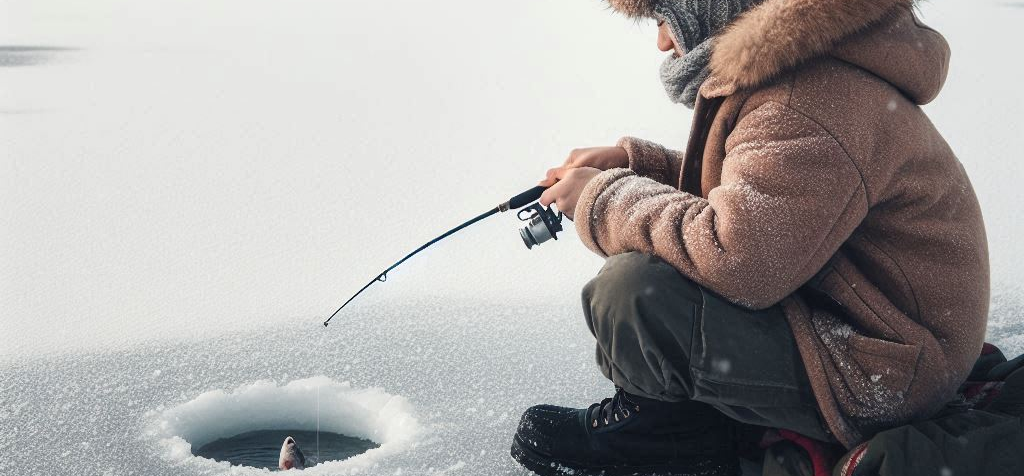 Man ice fishing using a VERY SHORT POLE