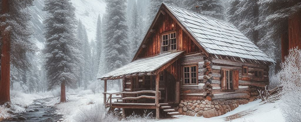 Rustic Cabin In The Middle Of Winter Covered With Snow