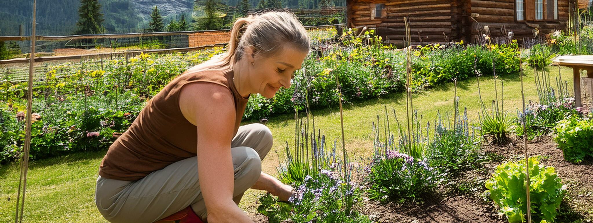 Woman tending a garden deep in the mountains by her cabin