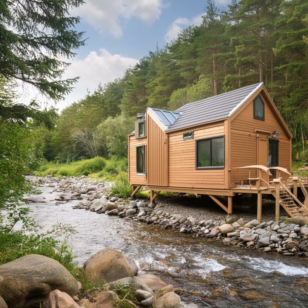 a Tiny House made into a cabin in the wilderness by a creek