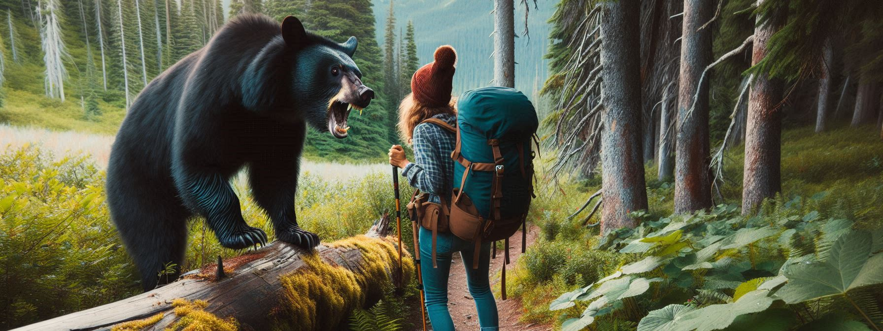 a black bear growling at a woman on a hike in the wilderness