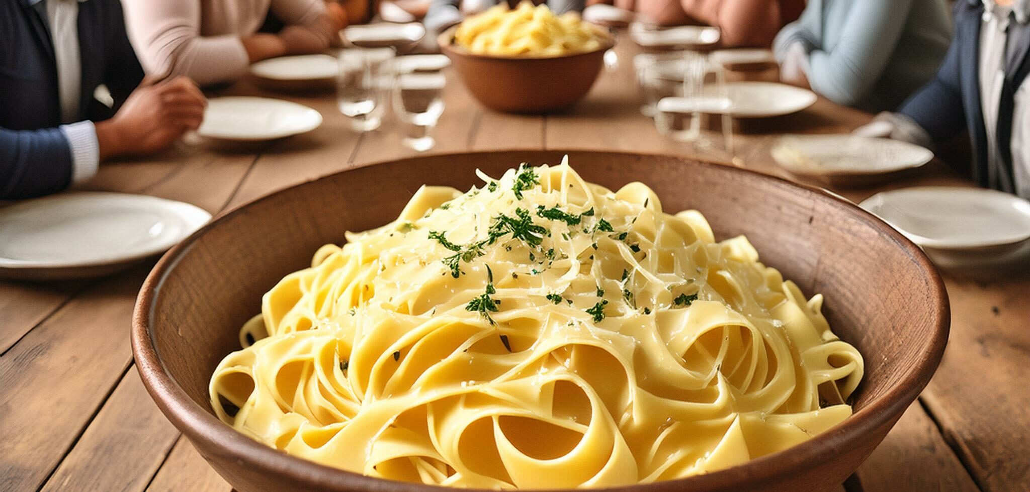 a bowl of fettuccine alfredo with chees on a table in a rustic cabin with people around the table