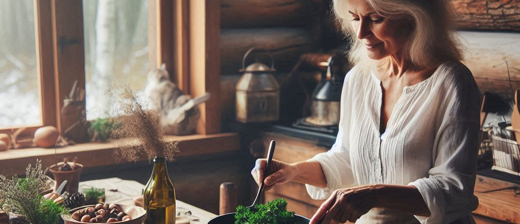 a mature woman cooking dinner for her family in a rustic cabin in the wilderness