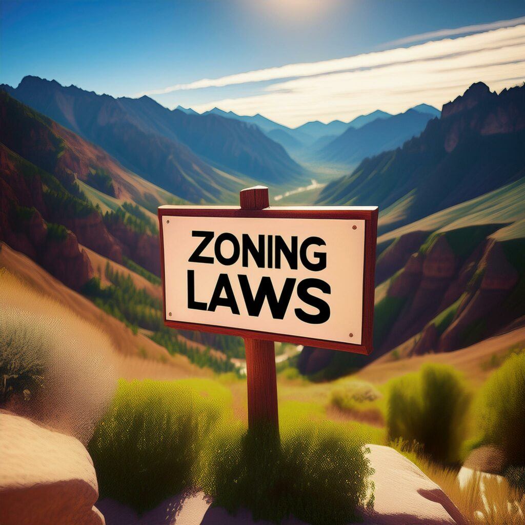 a sign reading- ZONING LAWS- in the mountains