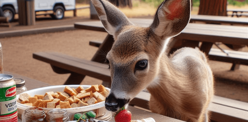 a small white tail female doe eating food off a picnic table in the wilderness in a camp ground