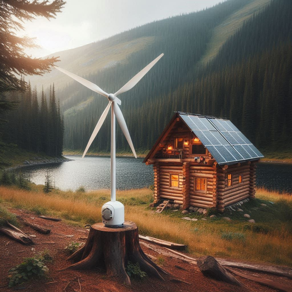 a very small wind turbine producing electricity next to a cabin in the wilderness