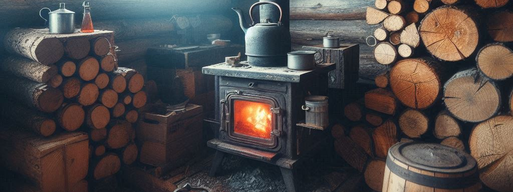 a very very rustic cabin with a very small wood stove inside the cabin with a kettle on it