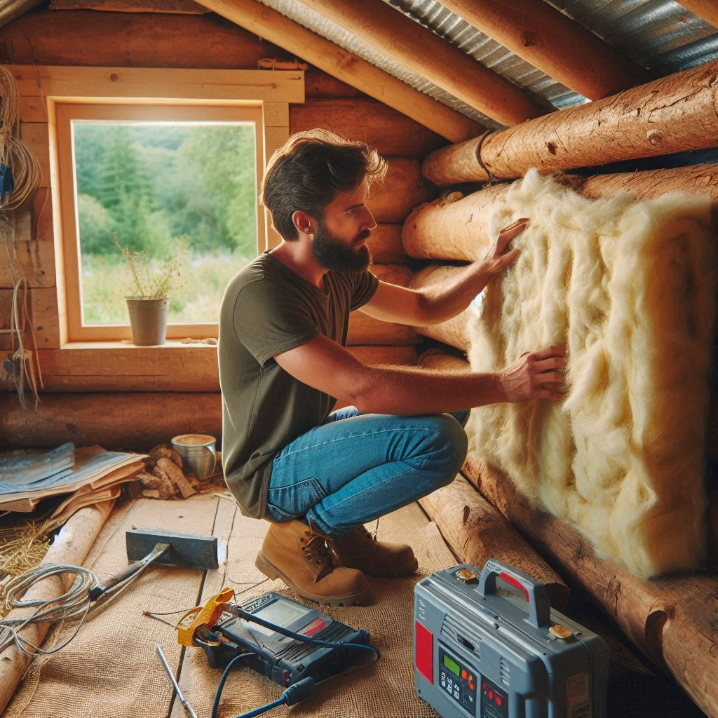 man installing insulation inside his rustic cabin in the wilderness