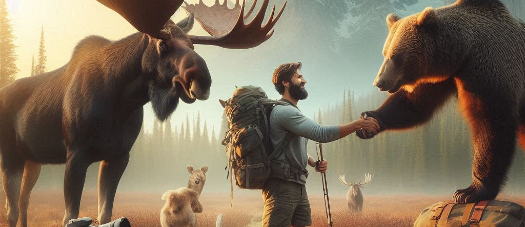 one man shaking hands with a moose and one man shaking hands with a bear in the wilderness