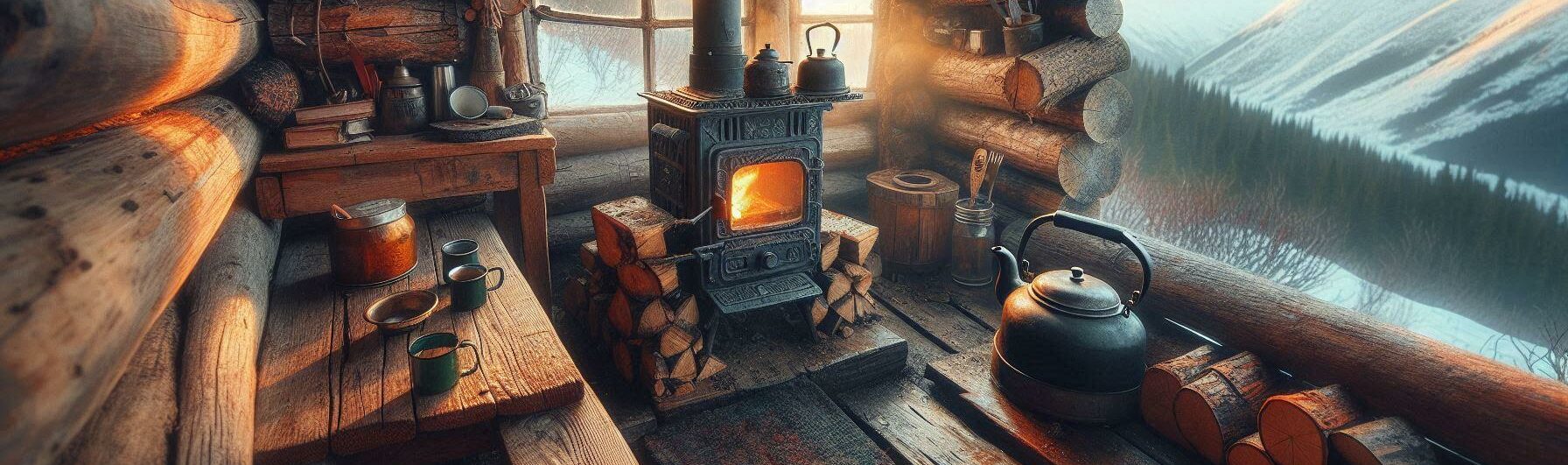 very very rustic cabin with a very small wood stove inside the cabin with a kettle on it