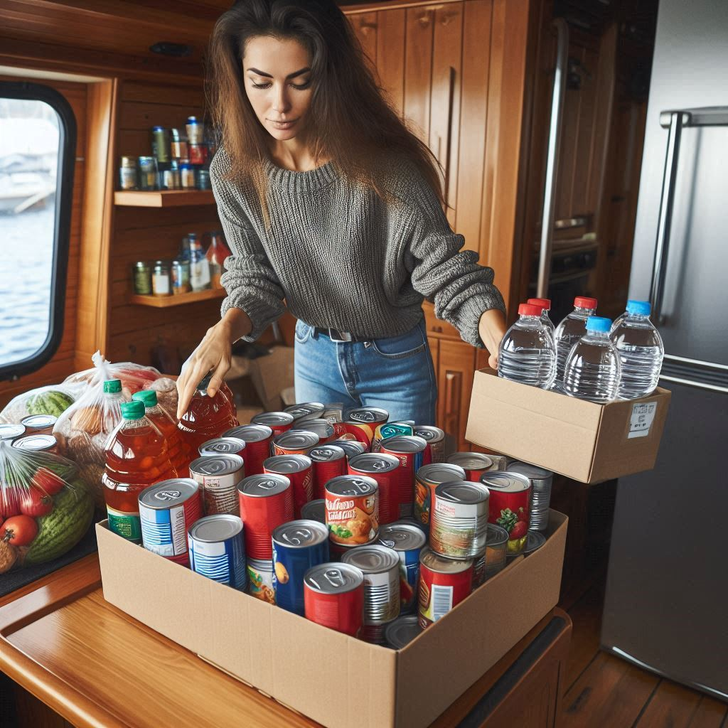 woman putting a large amount of canned food and bottled water with labels away in her cabin