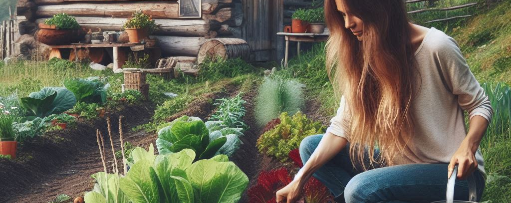 woman tending her vegetable garden next to her rustic cabin in the wilderness