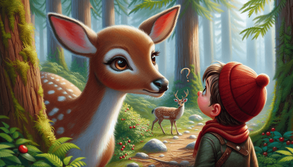 A Deer talking to a little boy in the forest