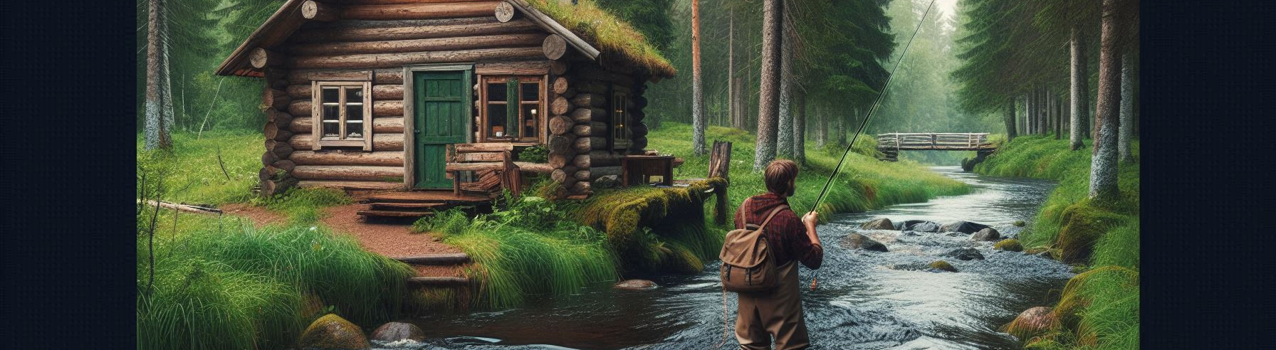 A Man Fly Fishing By His Rustic Cabin In The Forest