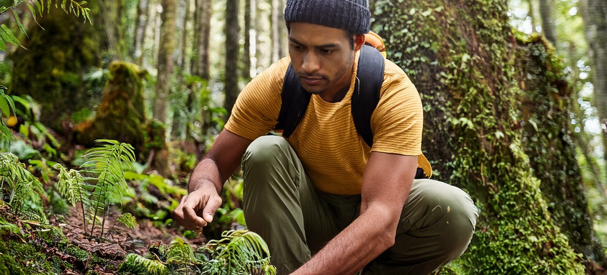 A Man looking for Food In The Forest Because he Got Lost While Hiking