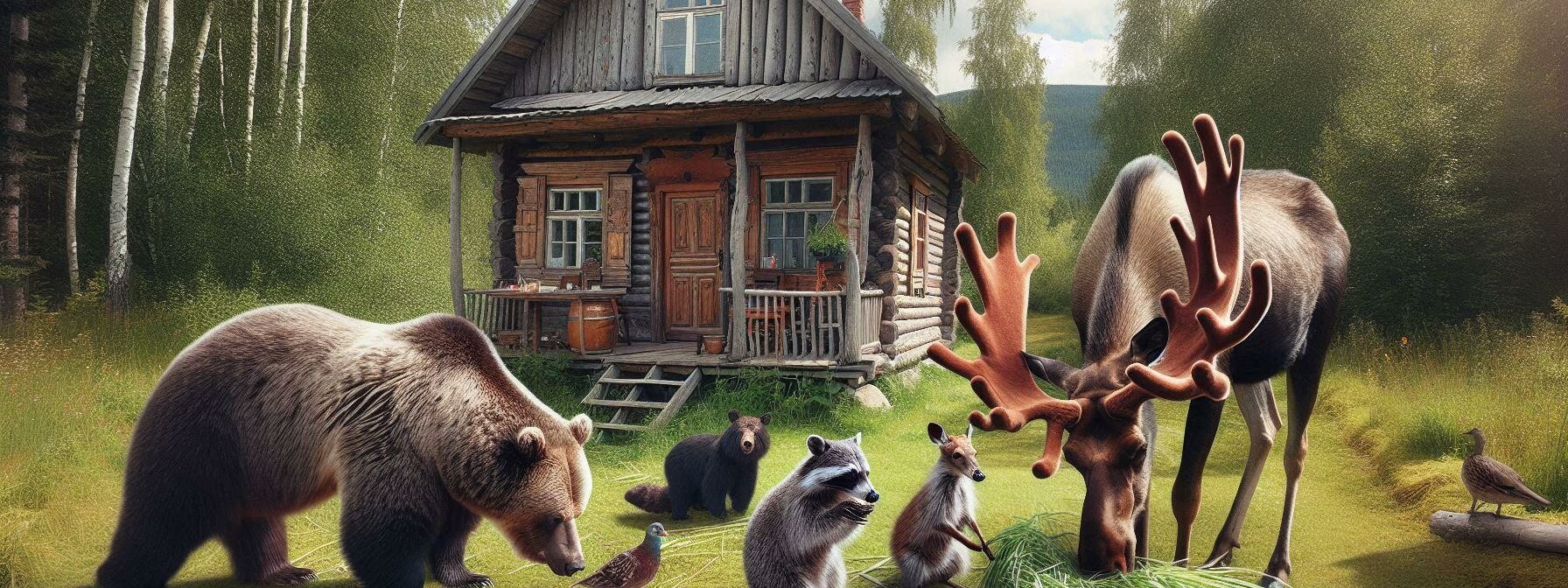 A bear, a moose, a deer and a racoon eating the grass behind a very very rustic cabin in the backyard